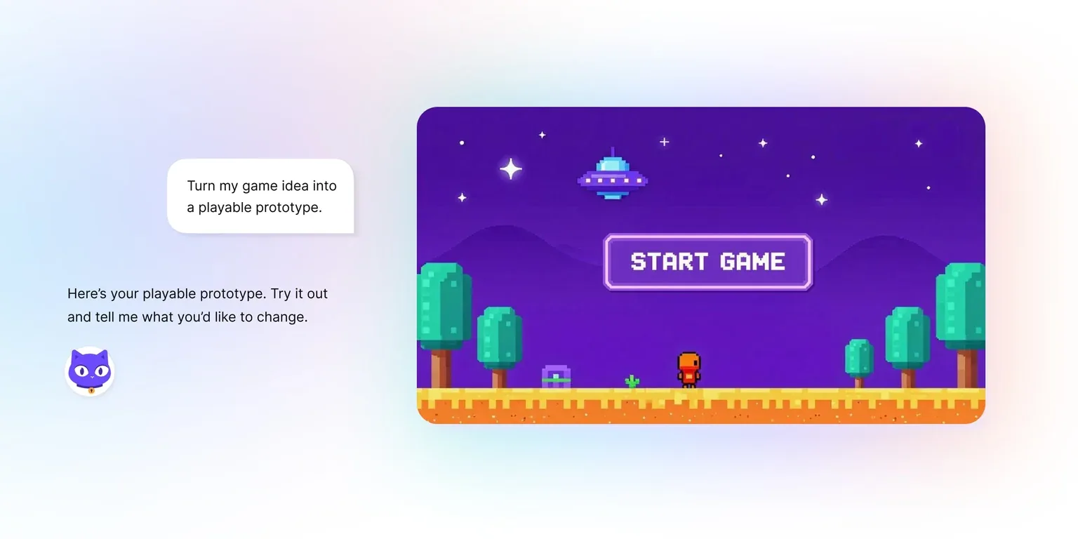 Illustrazione di un gioco platform in pixel art: un personaggio si trova su una piattaforma sotto un cielo viola stellato, con un’astronave e alberi sullo sfondo. Al centro dello schermo compare il pulsante «START GAME»; a sinistra ci sono alcuni fumetti e una piccola mascotte viola.